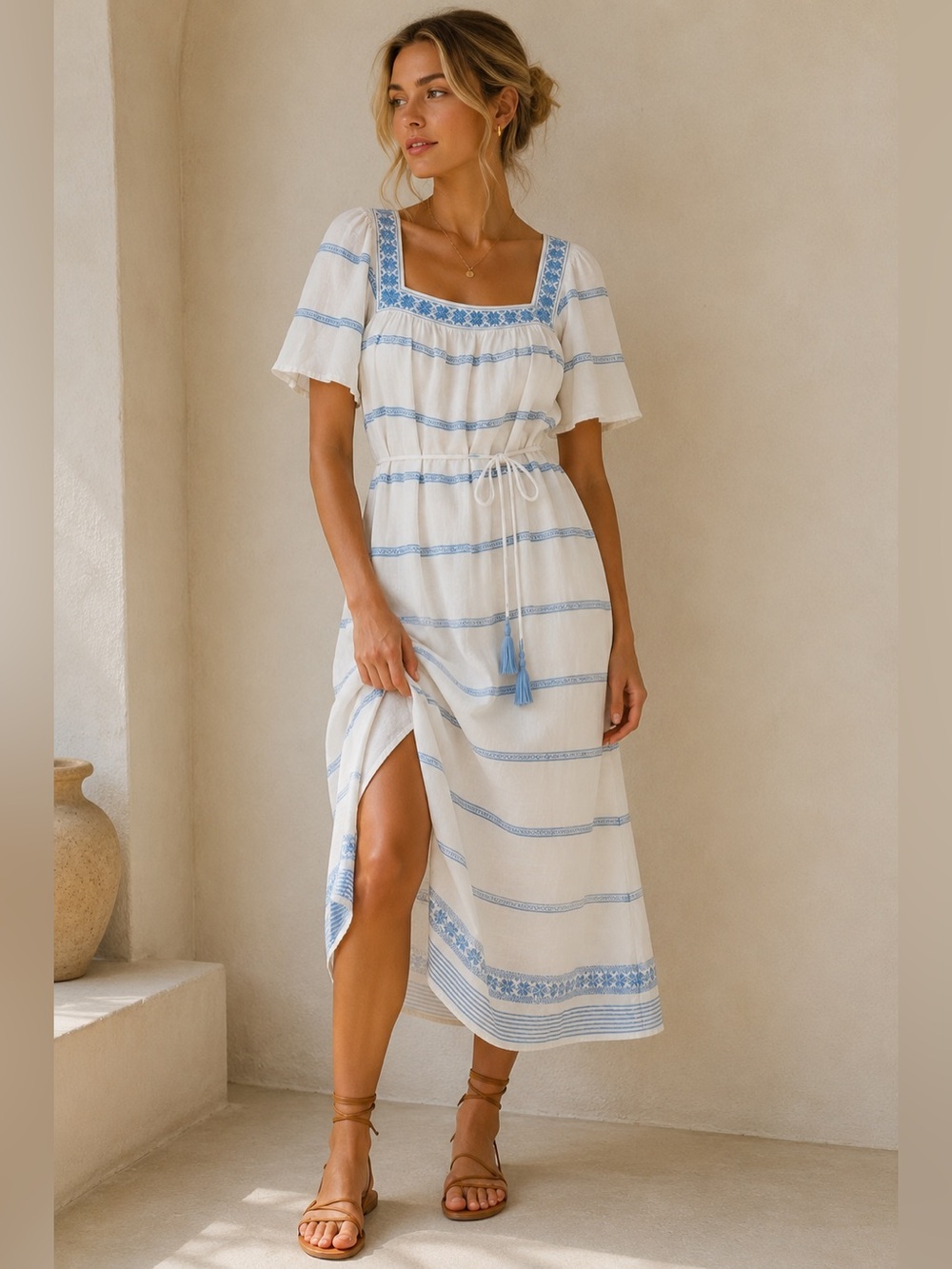 🤍 Tory Burch Embroidered Linen Midi Dress | White Blue Linen Tassel Tie Boho SP